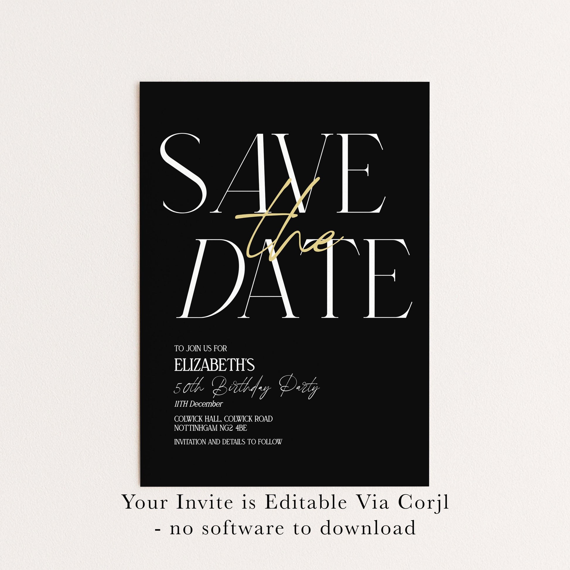 Save the Date Birthday Invitation, 50th Birthday Invite Woman, Black Gold Elegant Party Invite, Milestone Birthday Editable Corjl