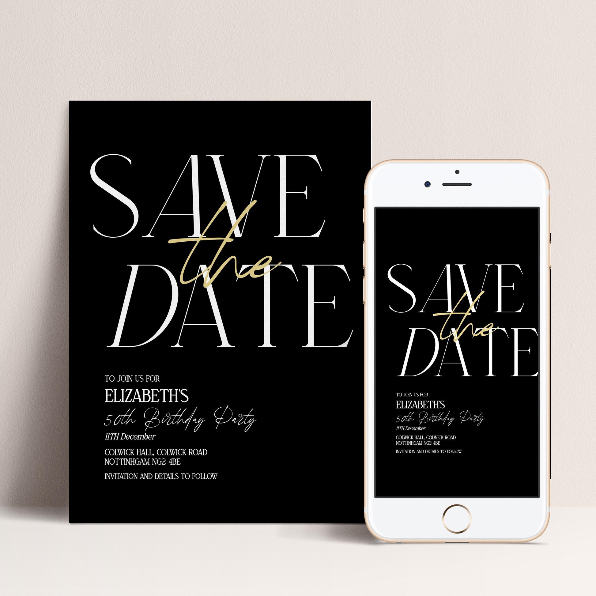 Save the Date Birthday Invitation, 50th Birthday Invite Woman, Black Gold Elegant Party Invite, Milestone Birthday Editable Corjl