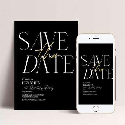 Save the Date Birthday Invitation, 50th Birthday Invite Woman, Black Gold Elegant Party Invite, Milestone Birthday Editable Corjl