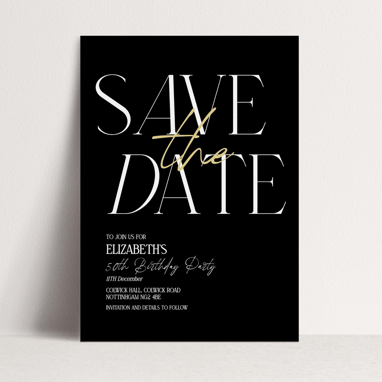 Save the Date Birthday Invitation, 50th Birthday Invite Woman, Black Gold Elegant Party Invite, Milestone Birthday Editable Corjl