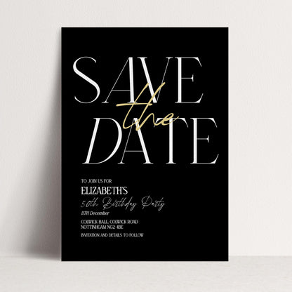 Save the Date Birthday Invitation, 50th Birthday Invite Woman, Black Gold Elegant Party Invite, Milestone Birthday Editable Corjl