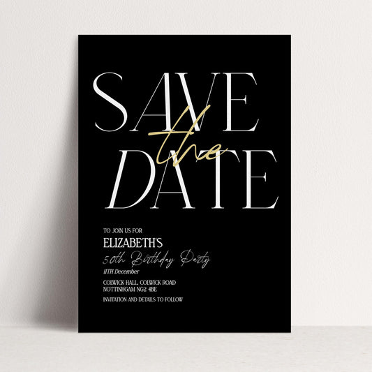 Save the Date Birthday Invitation, 50th Birthday Invite Woman, Black Gold Elegant Party Invite, Milestone Birthday Editable Corjl