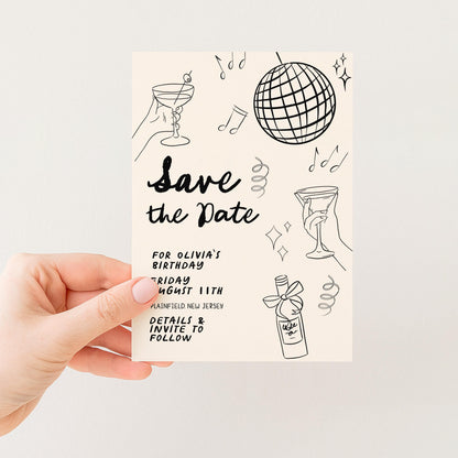 Save the Date Birthday Invitation, Editable Cocktail Party Template, Disco Martini Doodle Design, Printable Corjl Invite, Digital Download