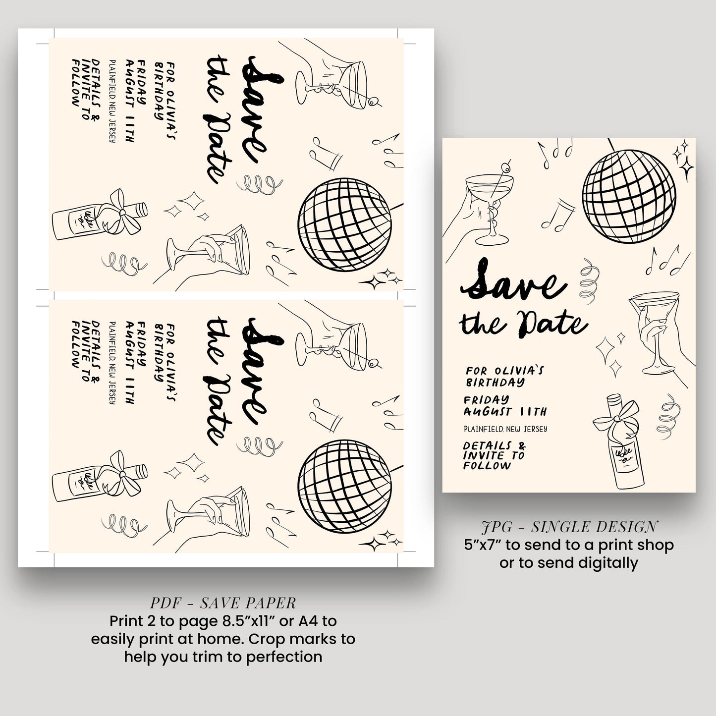 Save the Date Birthday Invitation, Editable Cocktail Party Template, Disco Martini Doodle Design, Printable Corjl Invite, Digital Download