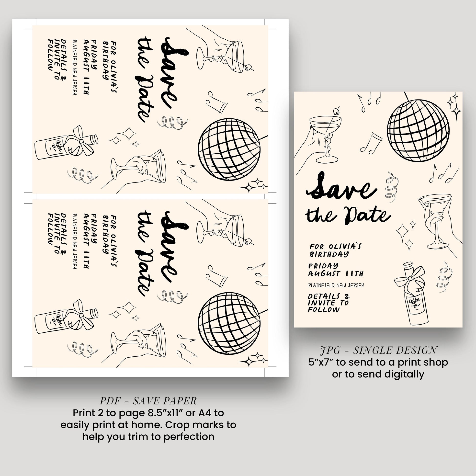 Save the Date Birthday Invitation, Editable Cocktail Party Template, Disco Martini Doodle Design, Printable Corjl Invite, Digital Download