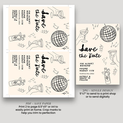 Save the Date Birthday Invitation, Editable Cocktail Party Template, Disco Martini Doodle Design, Printable Corjl Invite, Digital Download