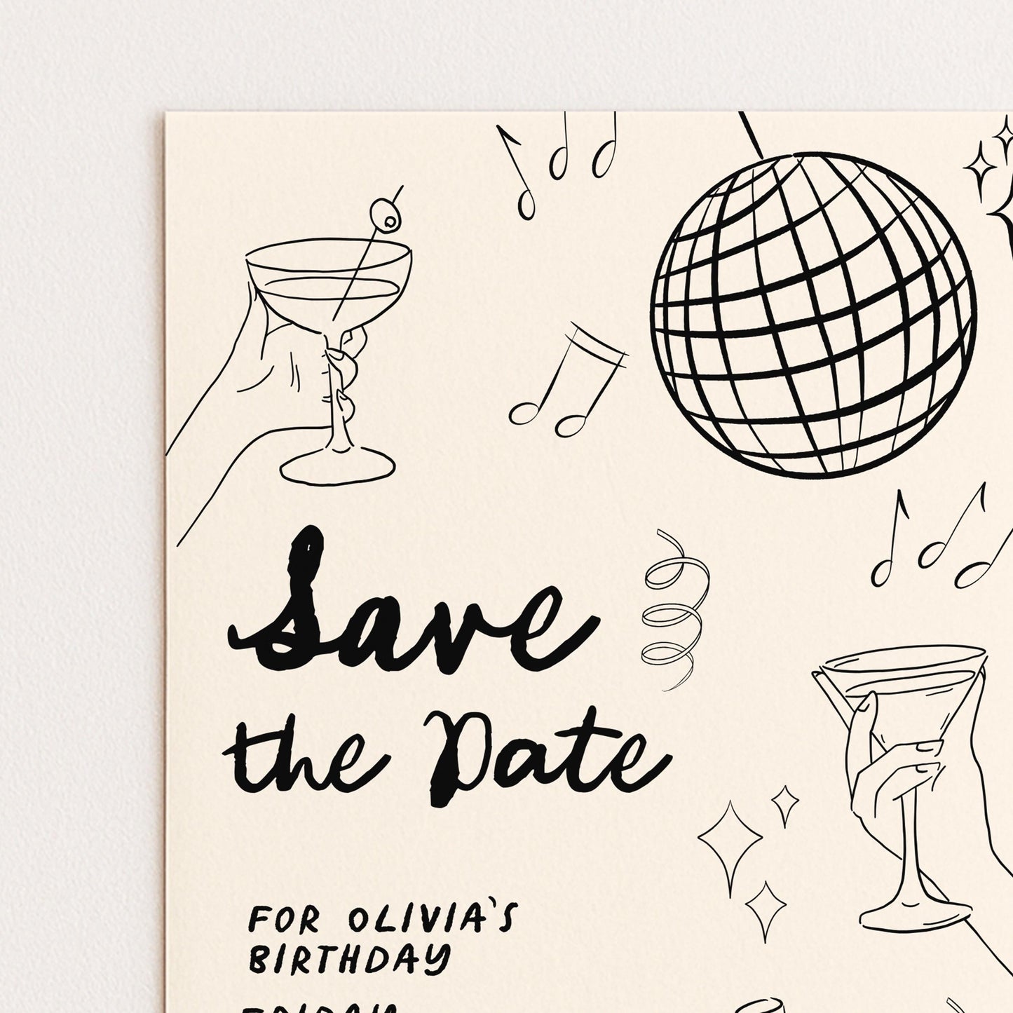 Save the Date Birthday Invitation, Editable Cocktail Party Template, Disco Martini Doodle Design, Printable Corjl Invite, Digital Download