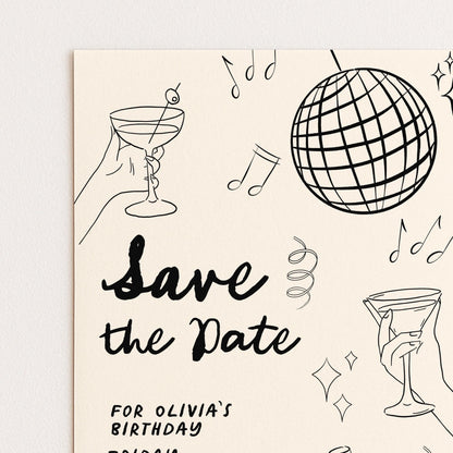 Save the Date Birthday Invitation, Editable Cocktail Party Template, Disco Martini Doodle Design, Printable Corjl Invite, Digital Download