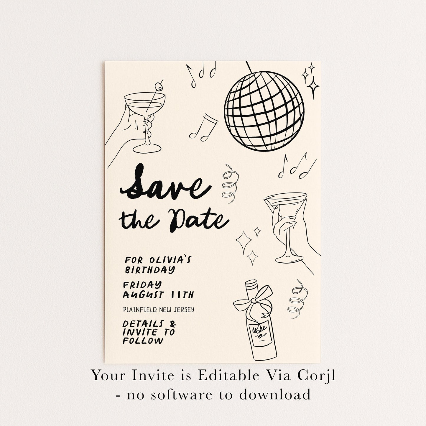 Save the Date Birthday Invitation, Editable Cocktail Party Template, Disco Martini Doodle Design, Printable Corjl Invite, Digital Download