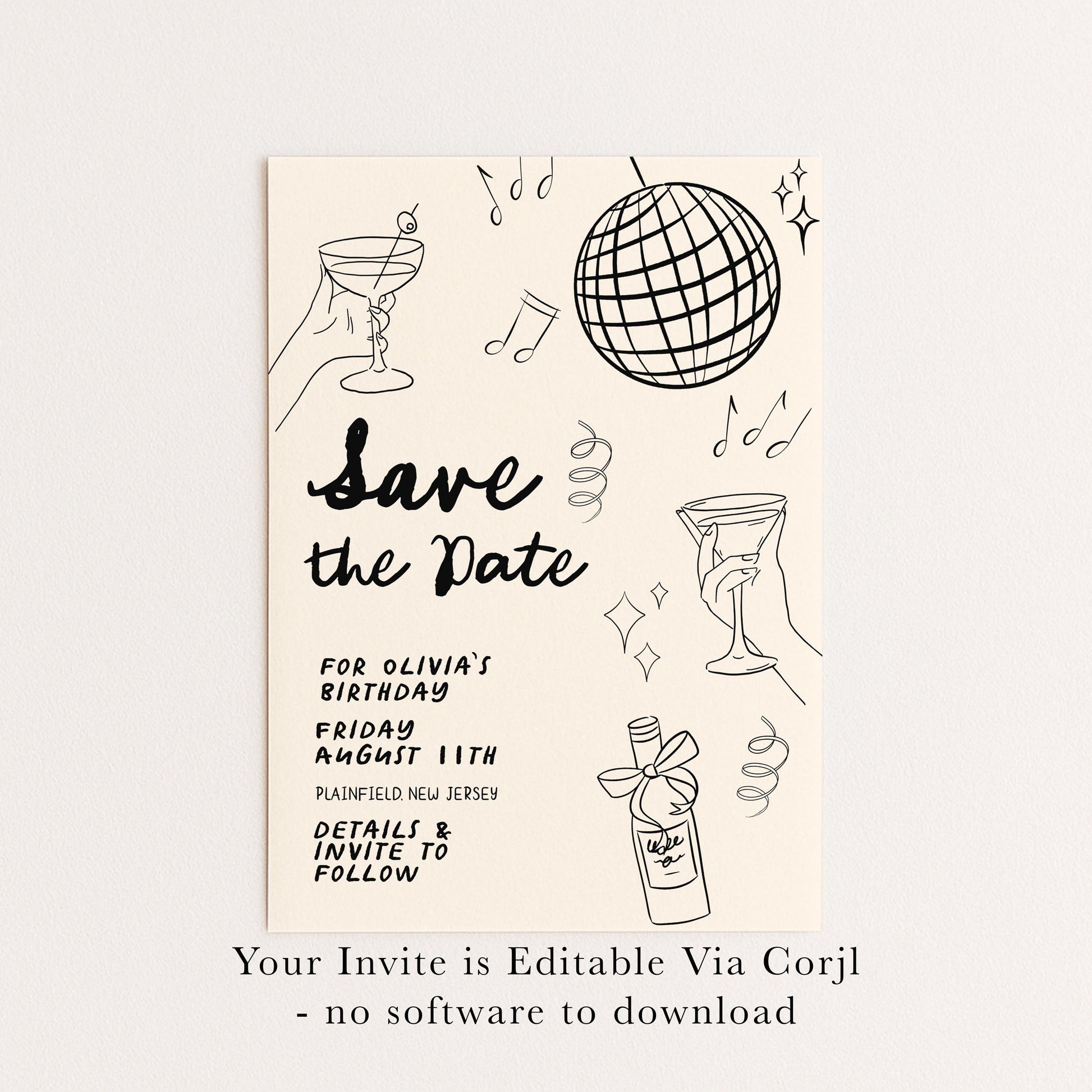 Save the Date Birthday Invitation, Editable Cocktail Party Template, Disco Martini Doodle Design, Printable Corjl Invite, Digital Download