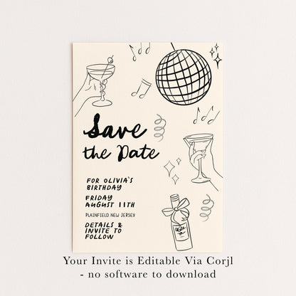Save the Date Birthday Invitation, Editable Cocktail Party Template, Disco Martini Doodle Design, Printable Corjl Invite, Digital Download