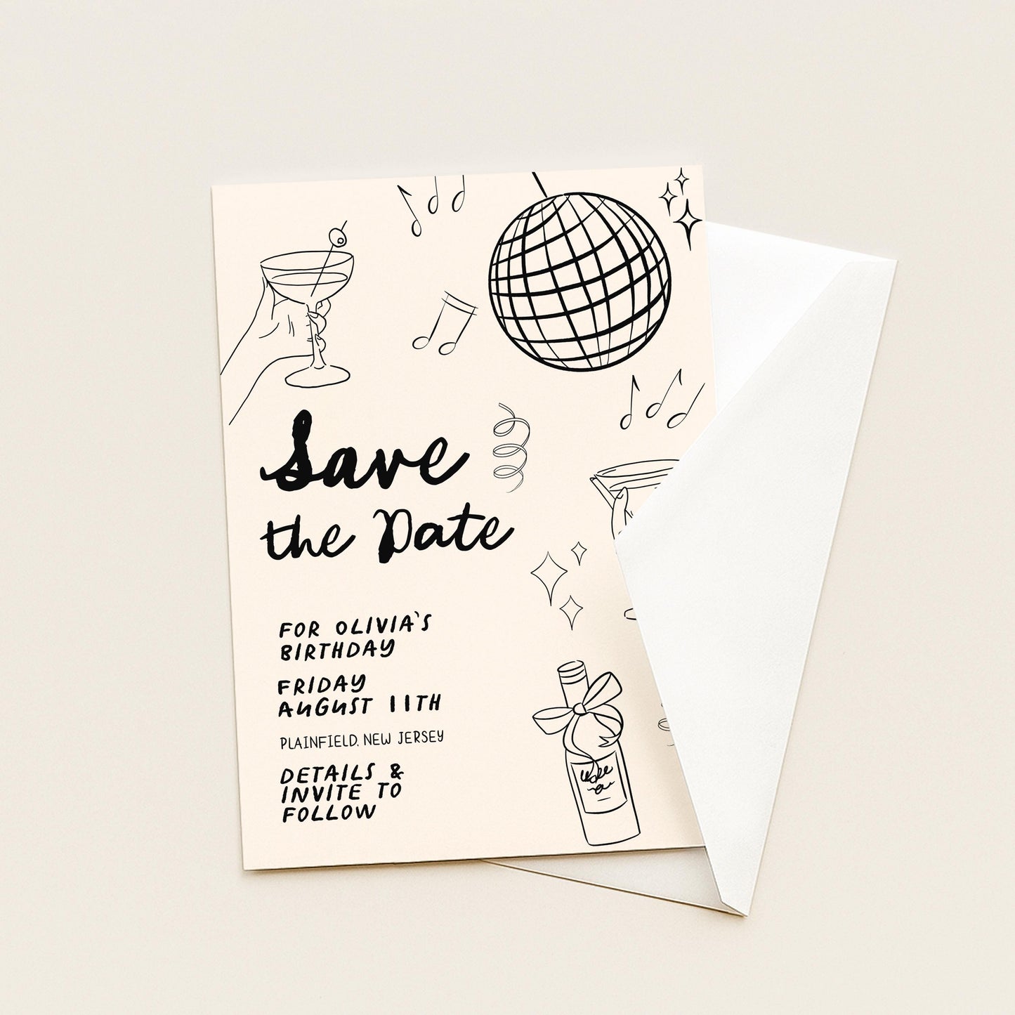 Save the Date Birthday Invitation, Editable Cocktail Party Template, Disco Martini Doodle Design, Printable Corjl Invite, Digital Download