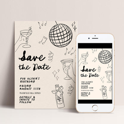 Save the Date Birthday Invitation, Editable Cocktail Party Template, Disco Martini Doodle Design, Printable Corjl Invite, Digital Download