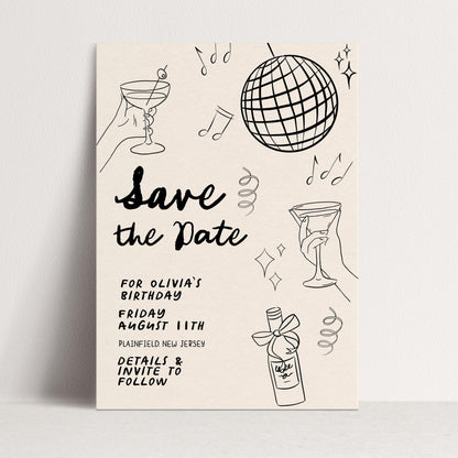 Save the Date Birthday Invitation, Editable Cocktail Party Template, Disco Martini Doodle Design, Printable Corjl Invite, Digital Download
