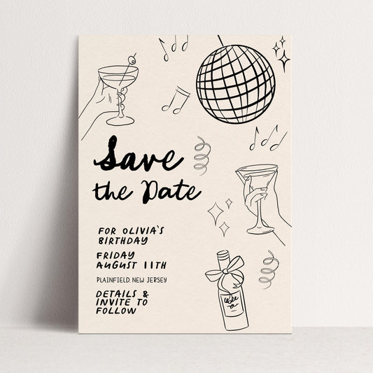 Save the Date Birthday Invitation, Editable Cocktail Party Template, Disco Martini Doodle Design, Printable Corjl Invite, Digital Download