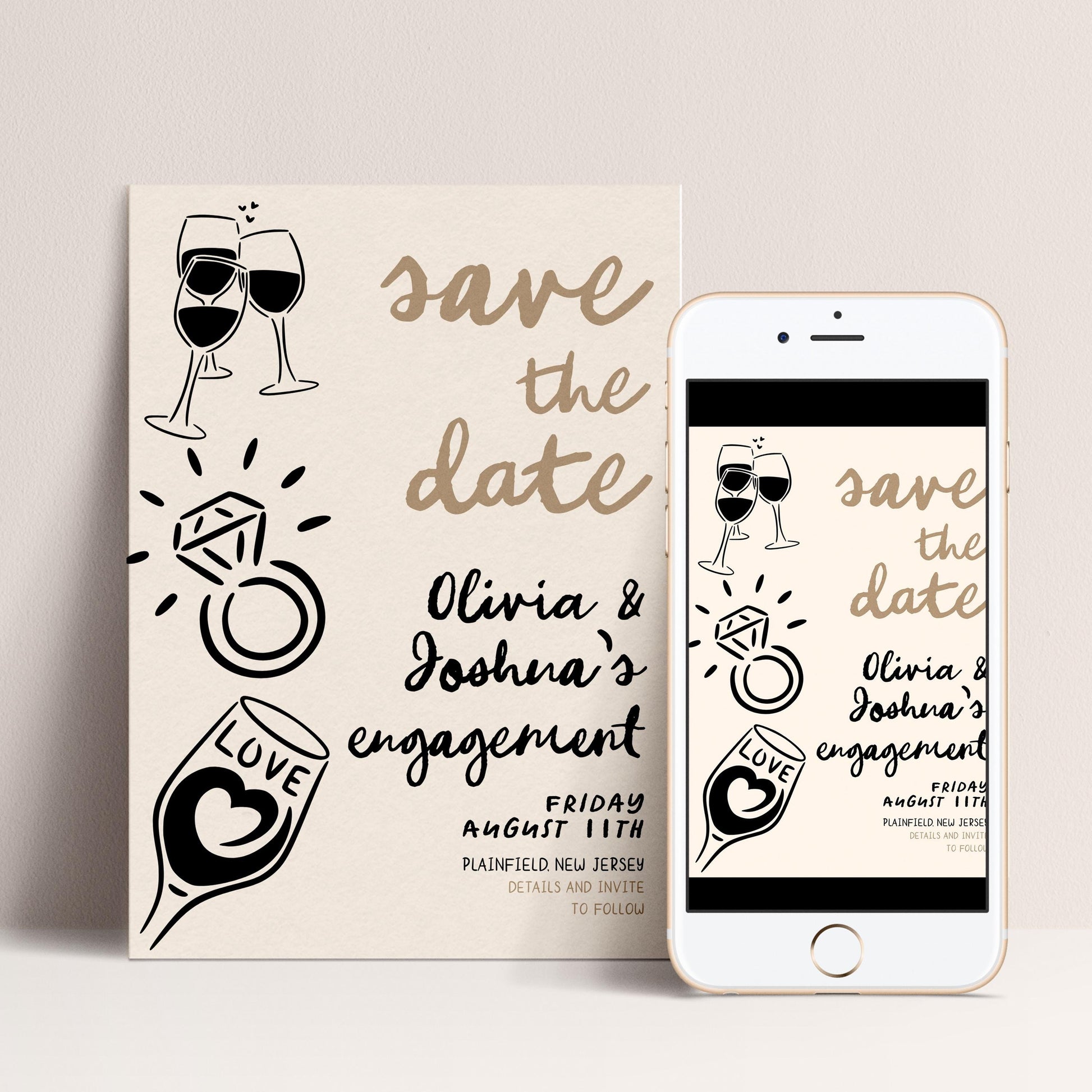 Save the Date Engagement Invitation, Editable Engagement Party Template, Doodle Champagne & Ring Design, Corjl Printable Invite