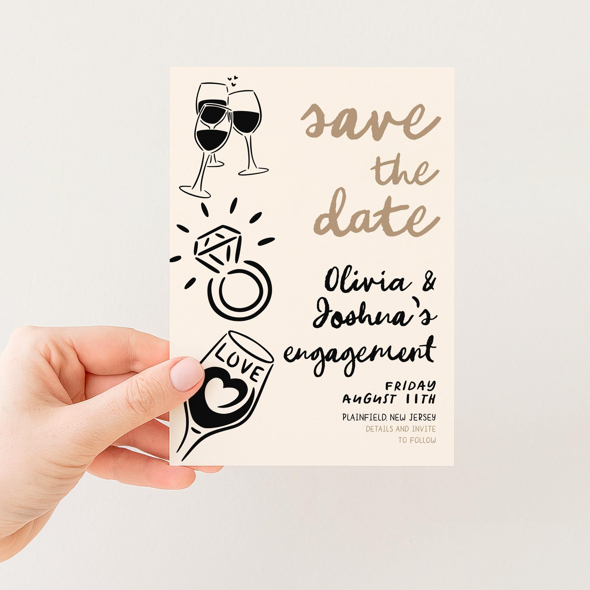 Save the Date Engagement Invitation, Editable Engagement Party Template, Doodle Champagne & Ring Design, Corjl Printable Invite