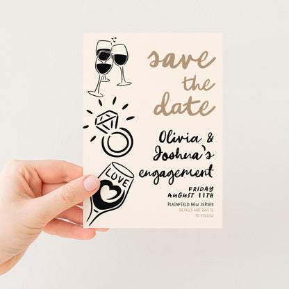 Save the Date Engagement Invitation, Editable Engagement Party Template, Doodle Champagne & Ring Design, Corjl Printable Invite