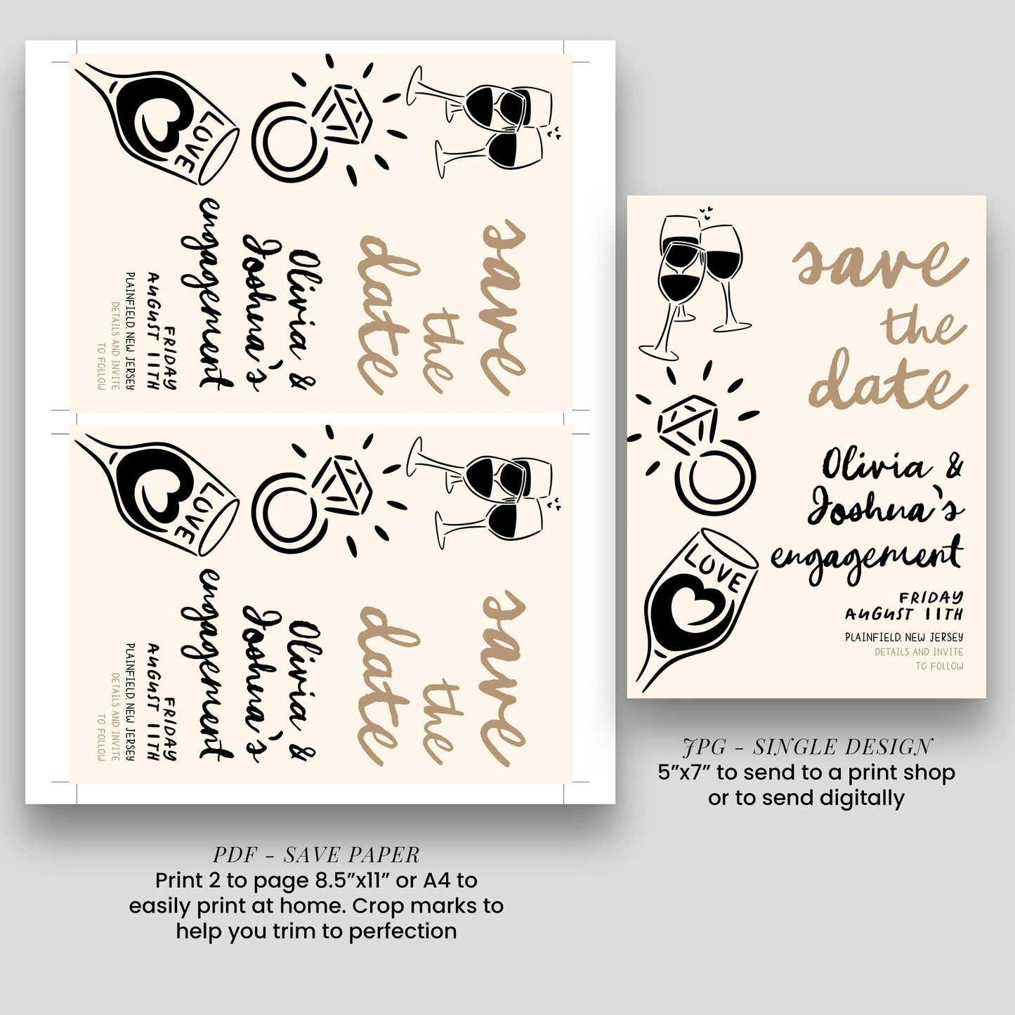 Save the Date Engagement Invitation, Editable Engagement Party Template, Doodle Champagne & Ring Design, Corjl Printable Invite