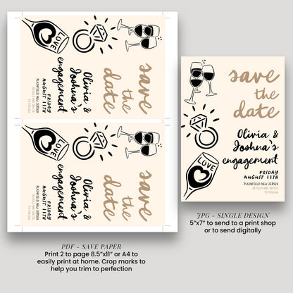 Save the Date Engagement Invitation, Editable Engagement Party Template, Doodle Champagne & Ring Design, Corjl Printable Invite