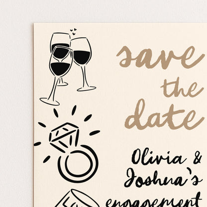 Save the Date Engagement Invitation, Editable Engagement Party Template, Doodle Champagne & Ring Design, Corjl Printable Invite