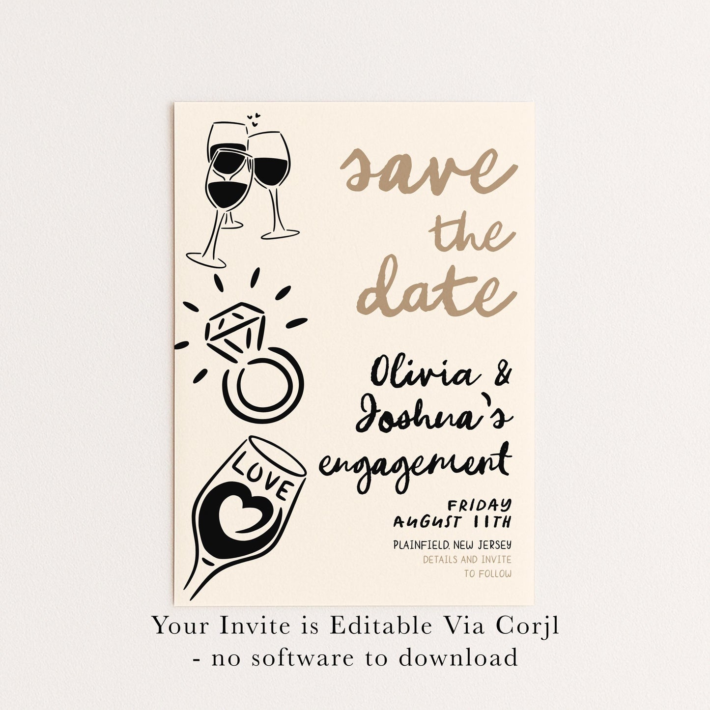 Save the Date Engagement Invitation, Editable Engagement Party Template, Doodle Champagne & Ring Design, Corjl Printable Invite