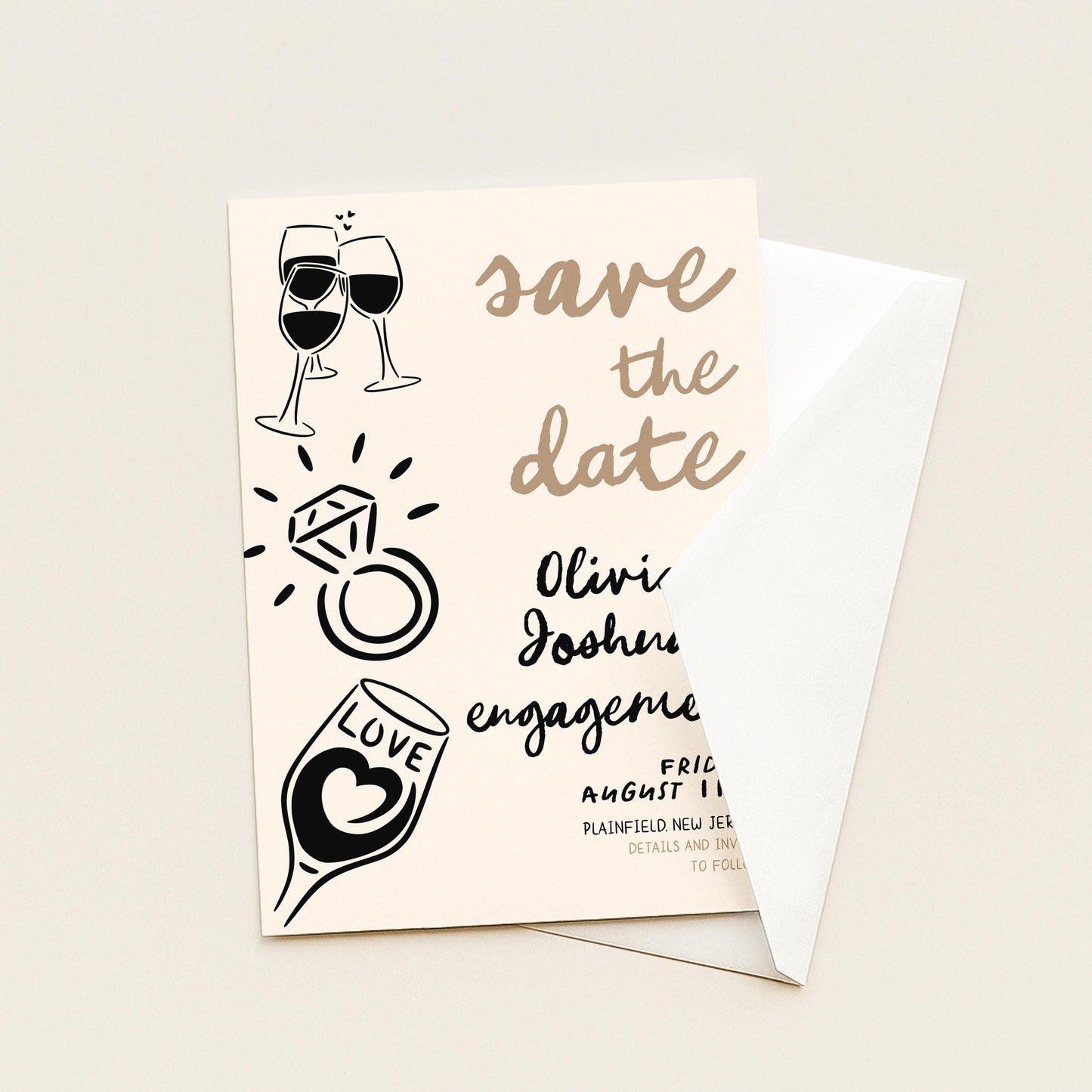 Save the Date Engagement Invitation, Editable Engagement Party Template, Doodle Champagne & Ring Design, Corjl Printable Invite