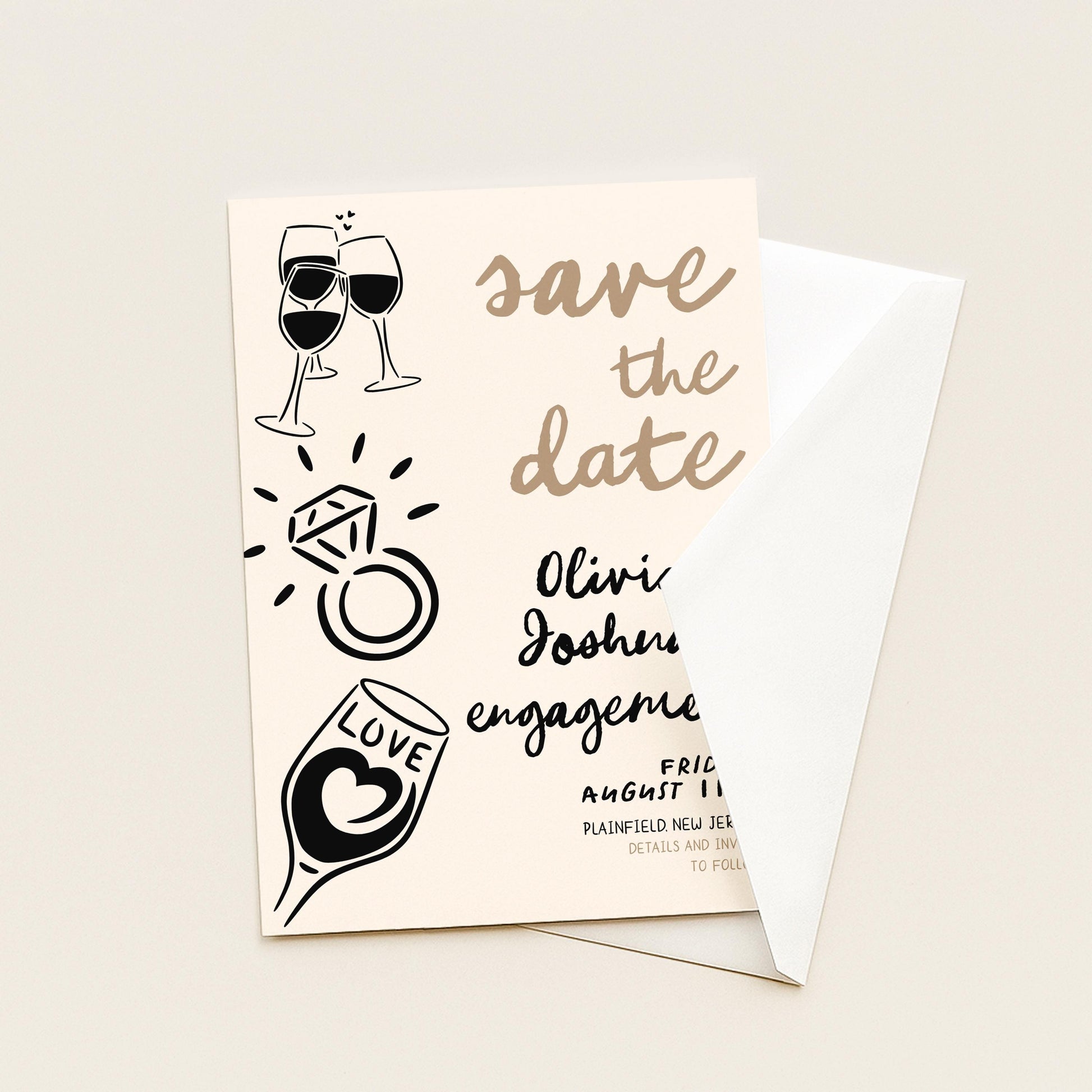 Save the Date Engagement Invitation, Editable Engagement Party Template, Doodle Champagne & Ring Design, Corjl Printable Invite