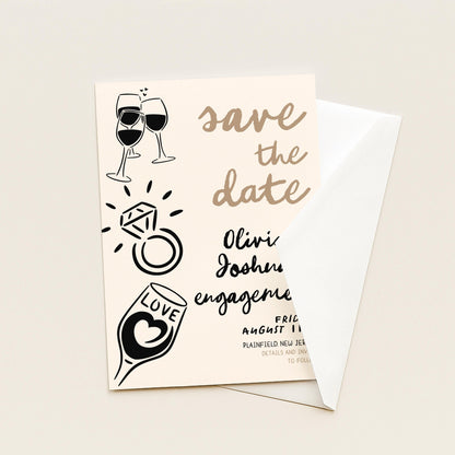 Save the Date Engagement Invitation, Editable Engagement Party Template, Doodle Champagne & Ring Design, Corjl Printable Invite