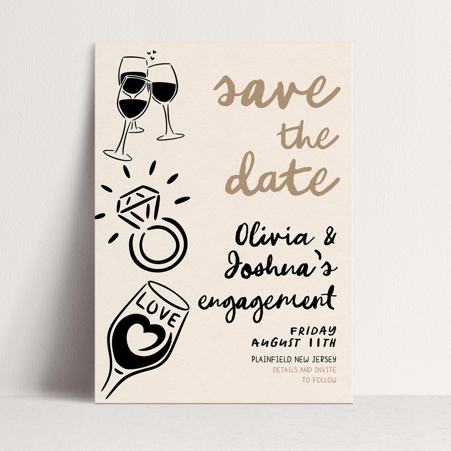 Save the Date Engagement Invitation, Editable Engagement Party Template, Doodle Champagne & Ring Design, Corjl Printable Invite