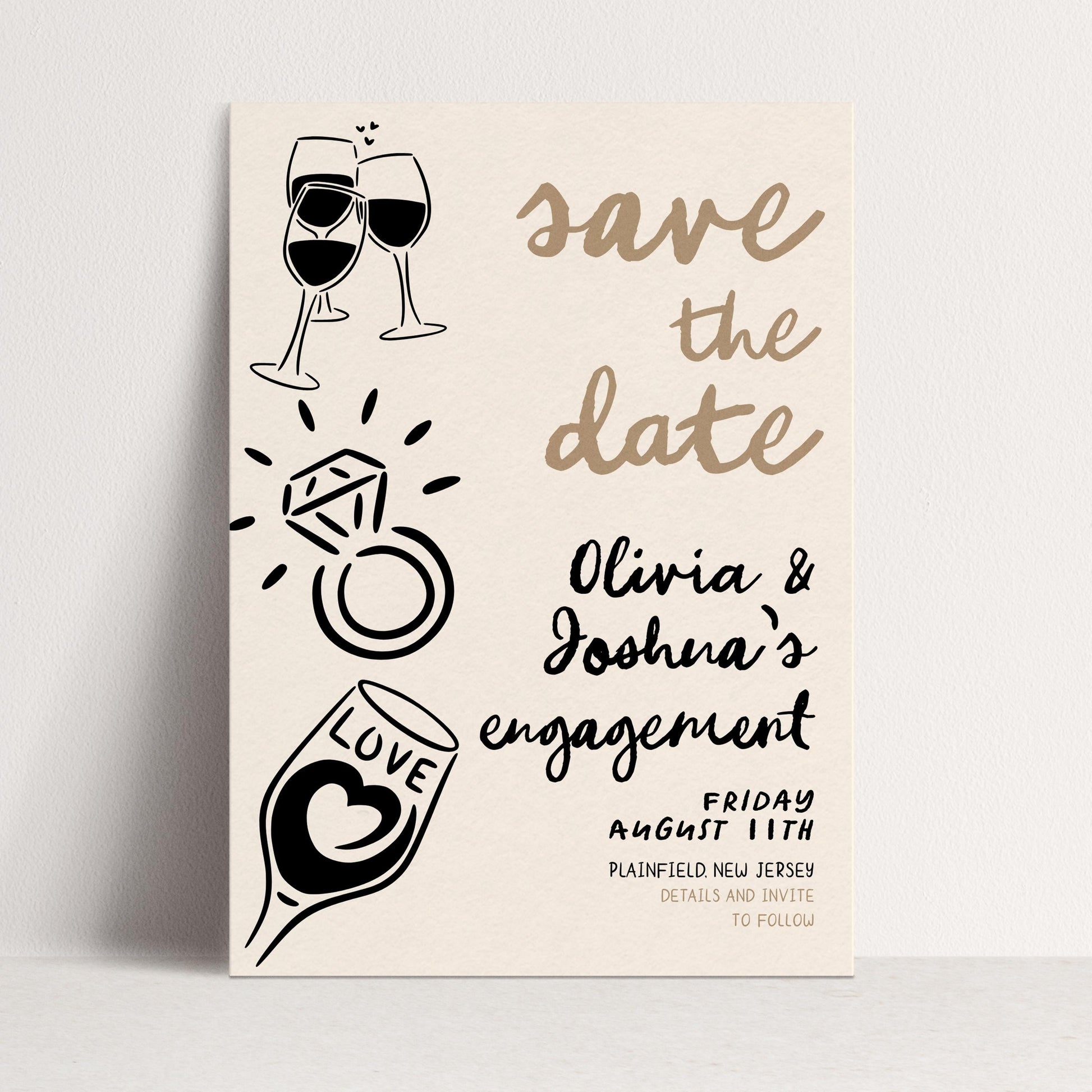 Save the Date Engagement Invitation, Editable Engagement Party Template, Doodle Champagne & Ring Design, Corjl Printable Invite