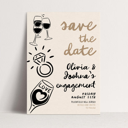 Save the Date Engagement Invitation, Editable Engagement Party Template, Doodle Champagne & Ring Design, Corjl Printable Invite