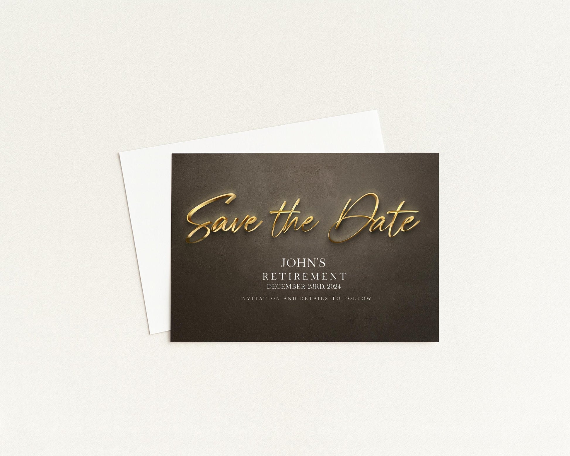 A black and white invitation card with gold text that reads "Save the Date" and "John's Retirement".