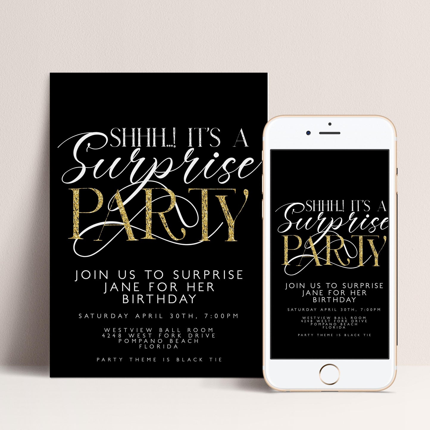 The image is a black and white invitation for a surprise party, featuring gold text and a smartphone displaying the same invitation.