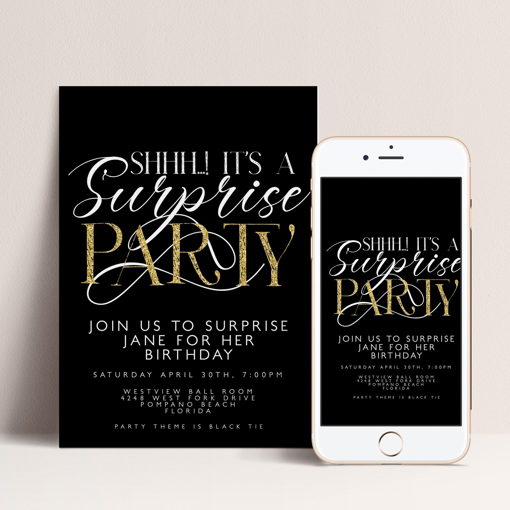 The image is a black and white invitation for a surprise party, featuring gold text and a smartphone displaying the same invitation.
