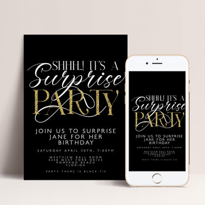 The image is a black and white invitation for a surprise party, featuring gold text and a smartphone displaying the same invitation.