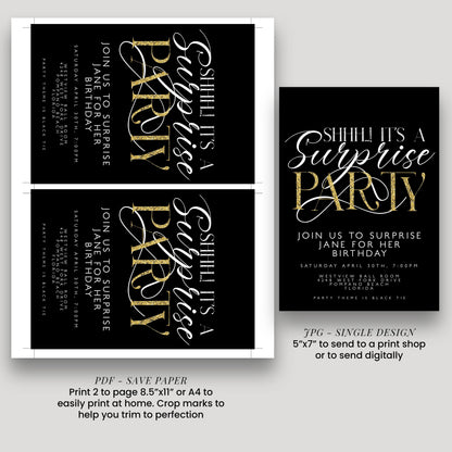 a black and gold invitation for a surprise birthday party. The invitation has a sophisticated and elegant design with gold lettering and a black background. The text on the invitation reads "Shhilla's Surprise Party" and invites guests to "Join us to surprise Jane for her birthday". The invitation also provides details about the party, including the date, time, location, and dress code.