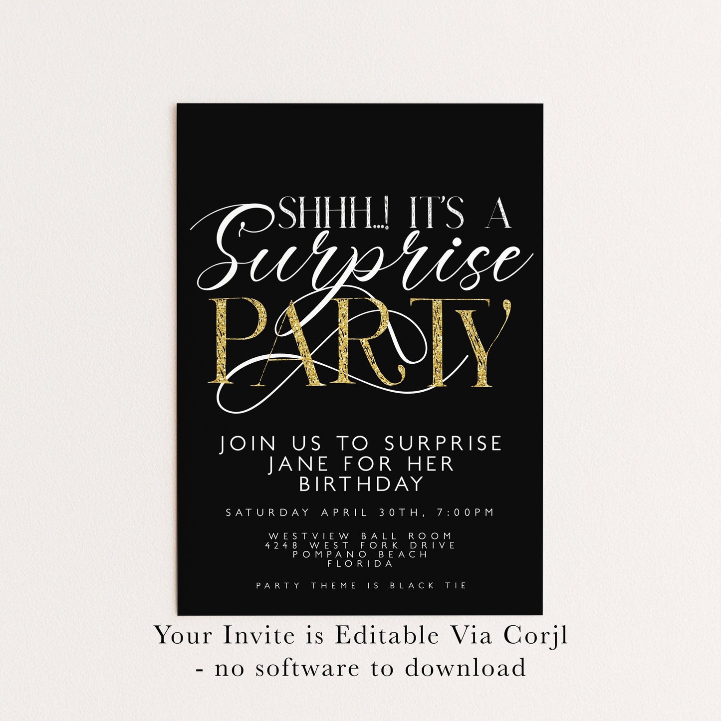 The image is a birthday party invitation with a black and gold color scheme. The text invites guests to a surprise party for Jane's birthday, with details about the event and time.