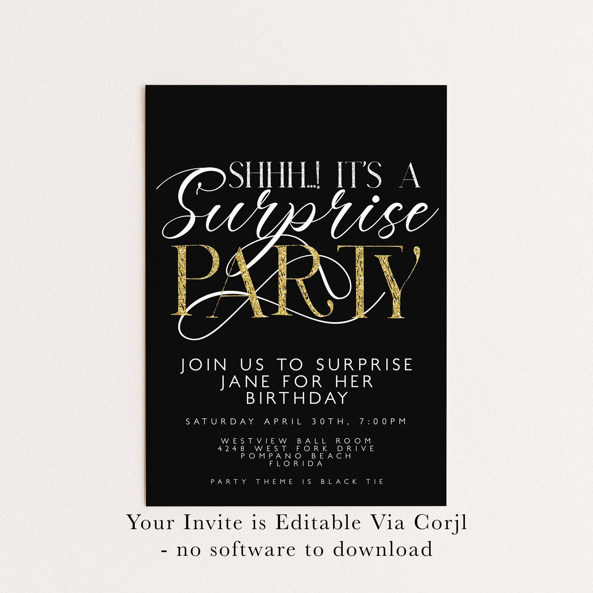 The image is a birthday party invitation with a black and gold color scheme. The text invites guests to a surprise party for Jane's birthday, with details about the event and time.
