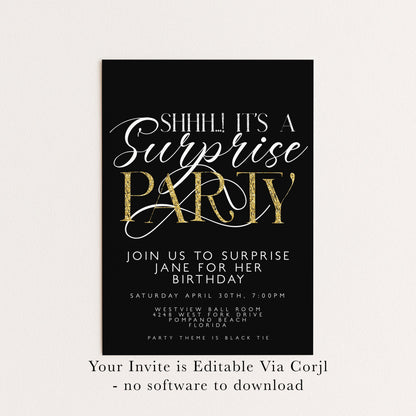 The image is a birthday party invitation with a black and gold color scheme. The text invites guests to a surprise party for Jane's birthday, with details about the event and time.