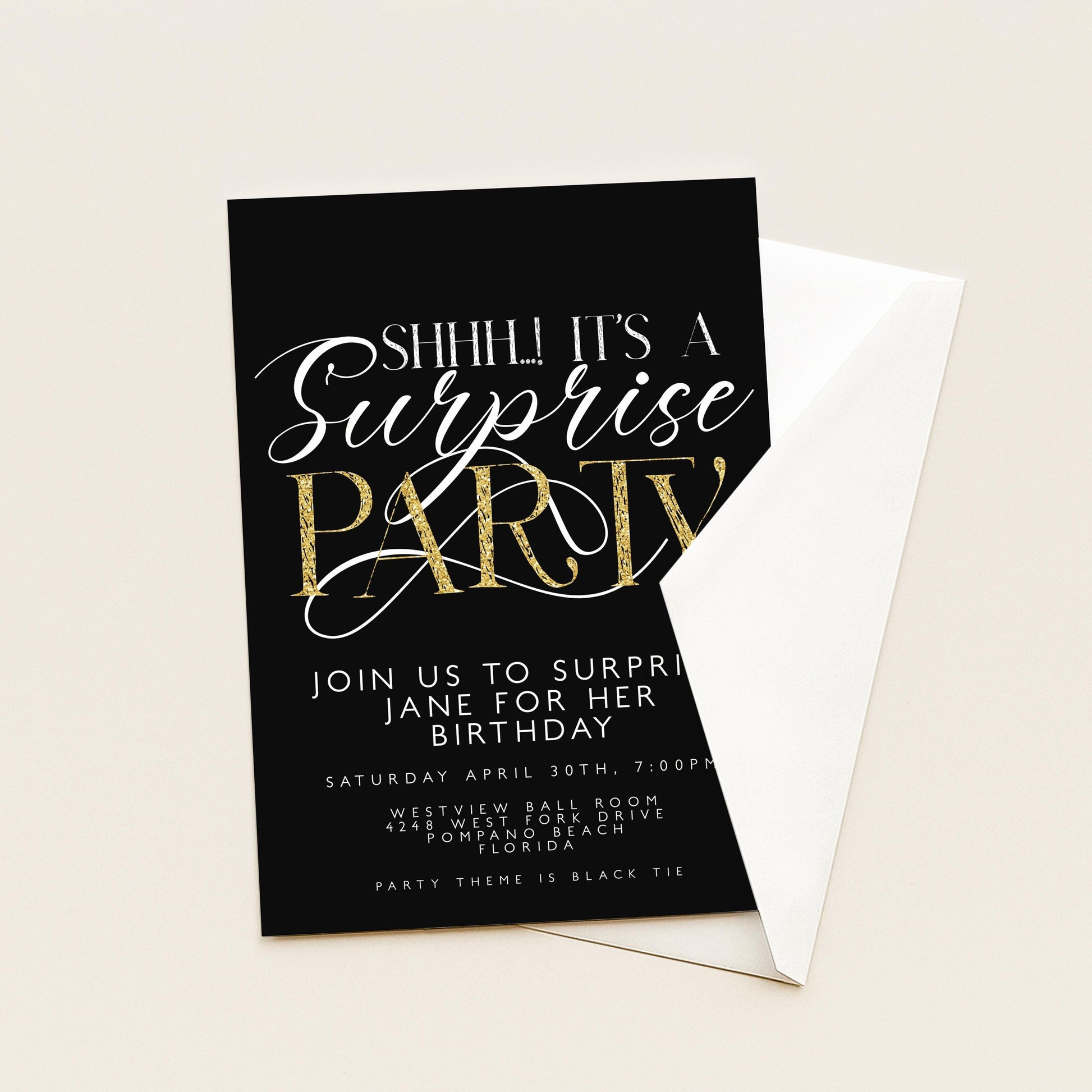 The image is a black and white invitation card for a surprise party.