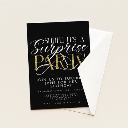 The image is a black and white invitation card for a surprise party.