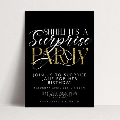 The image is a black and white invitation card for a surprise party.