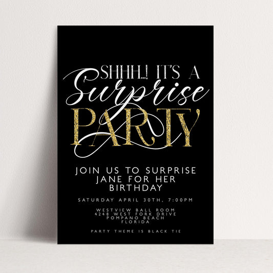 The image is a black and white invitation card for a surprise party.