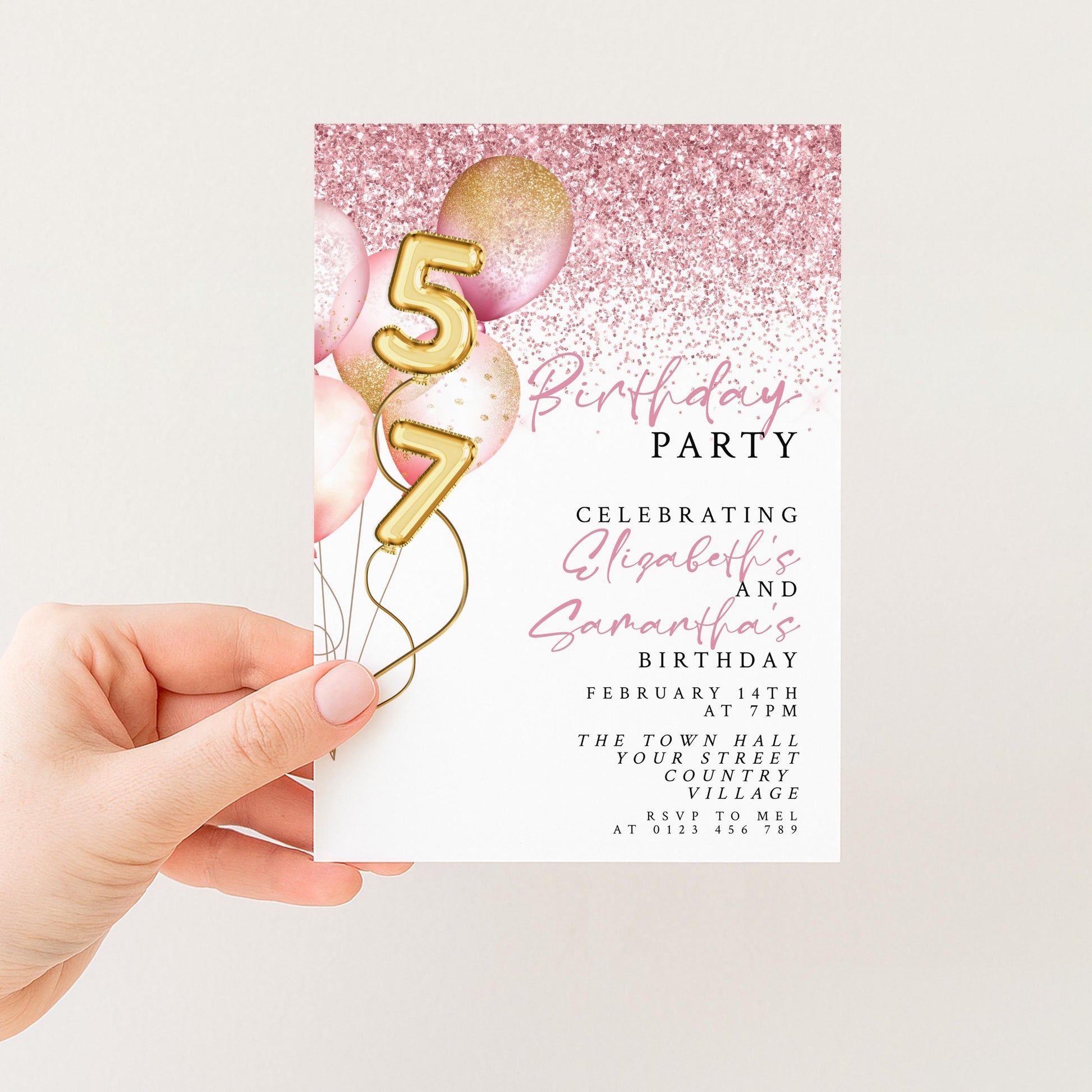 The image is a birthday party invitation for a girl named Sarah, celebrating her 5th birthday.
