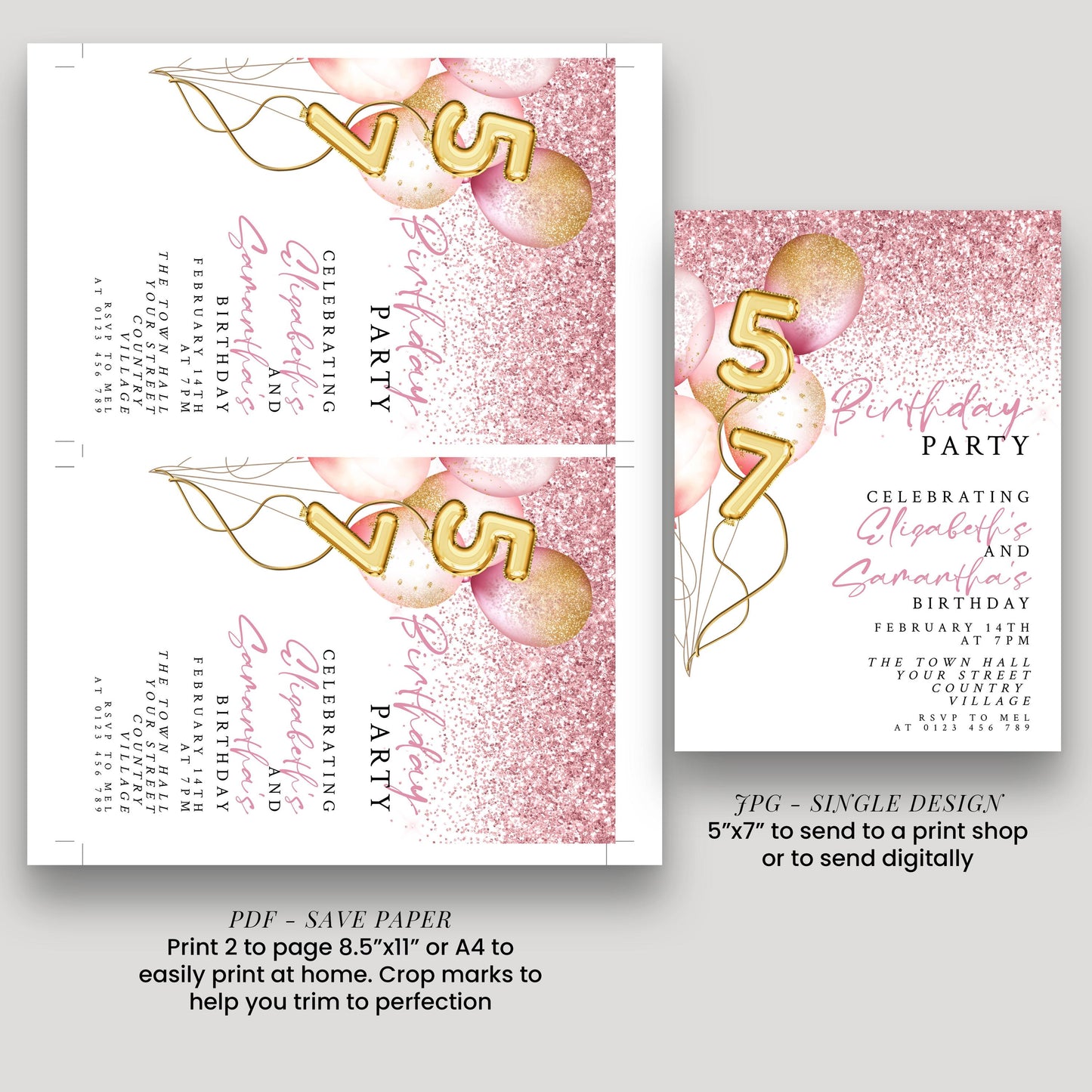 The image is a birthday party invitation featuring pink and gold balloons, with the text "Birthday Party" and "Celebrating Sarah and Samantha's Birthday".