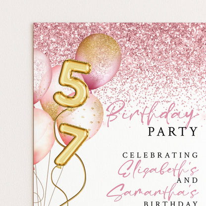 The image is a birthday party invitation with pink and gold balloons, glitter, and the number 57.