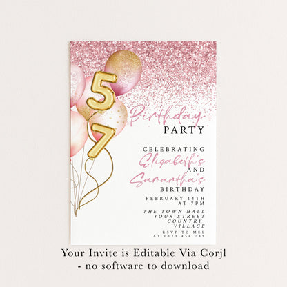 The image is a birthday party invitation featuring pink and gold balloons, with the number 57 prominently displayed.