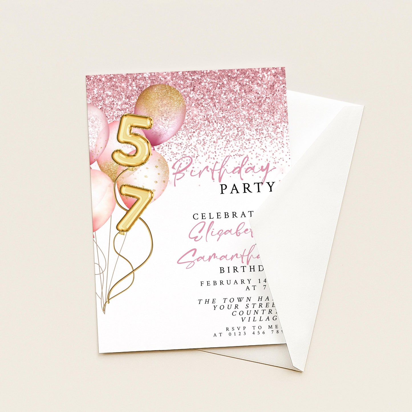 The image is a birthday party invitation with a pink and gold color scheme, featuring balloons and the number 57.