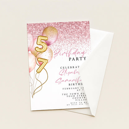 The image is a birthday party invitation with a pink and gold color scheme, featuring balloons and the number 57.